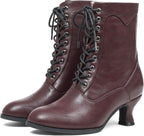Women's Black Chunky Heel Lace-Up Mid Calf Victorian Boots