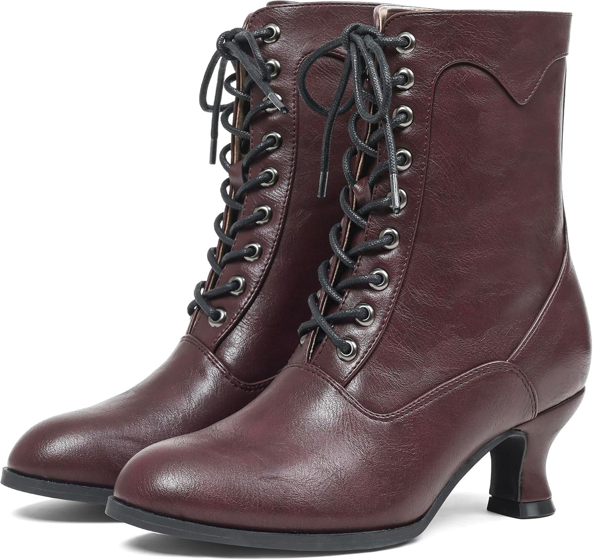 Women's Black Chunky Heel Lace-Up Mid Calf Victorian Boots