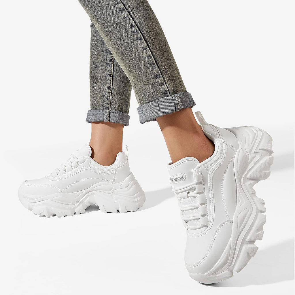 Women's White Platform Chunky Sneakers, Memory Foam Insole