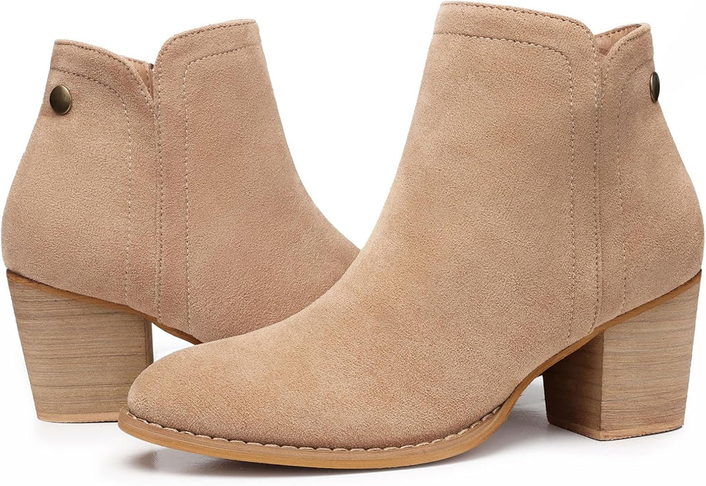 Women's Chunky Heel Ankle Boots, Almond Toe Suede-Look