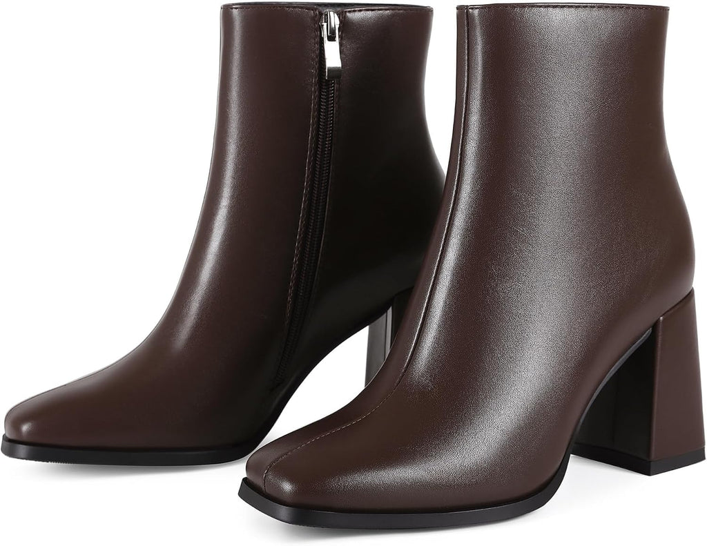 Women's Square Toe Chunky Heel Ankle Boots, Side Zip