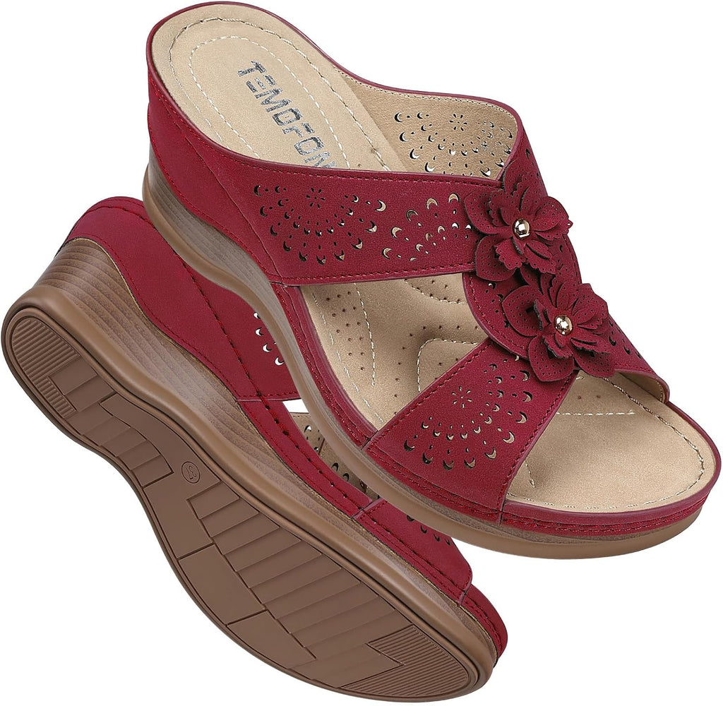 Women's Leather Low Wedge Sandals, Open Toe Slide
