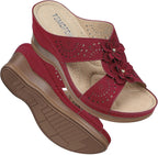 Women's Leather Low Wedge Sandals, Open Toe Slide