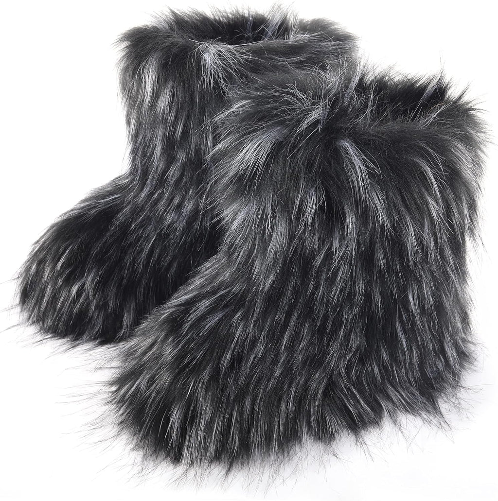 Women's Faux Fur Snow Boots – Fluffy Mid-Calf Flat Winter Boots