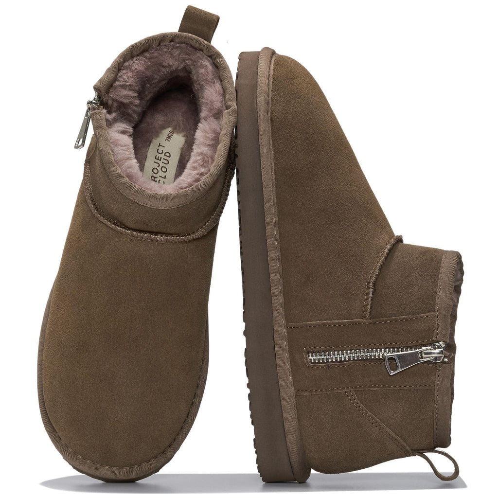 Chestnut Genuine Leather Ankle Boots for Women, Faux Fur Lined