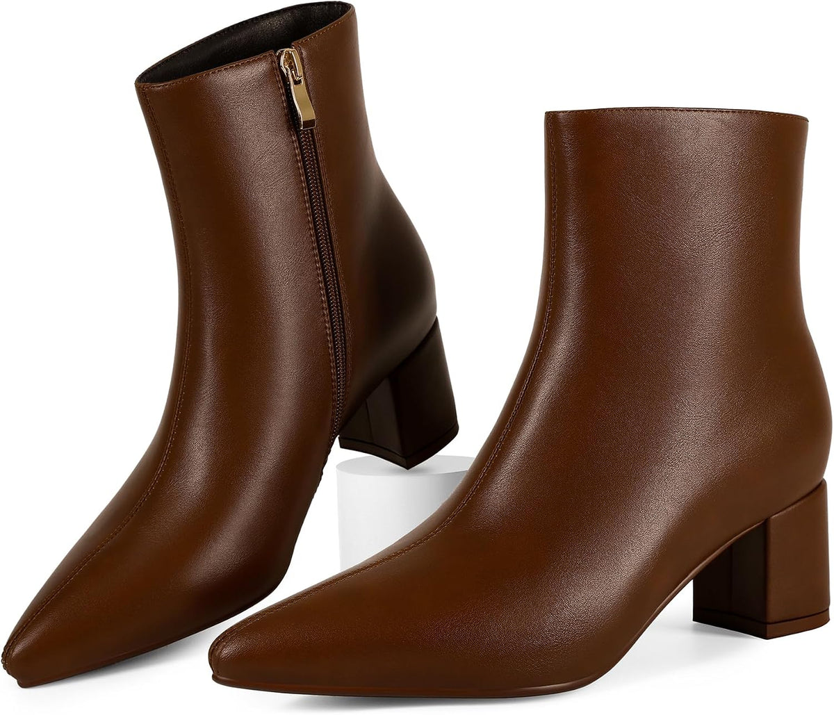 Women's Chunky Heel Ankle Boots, Pointed Toe Leather Booties