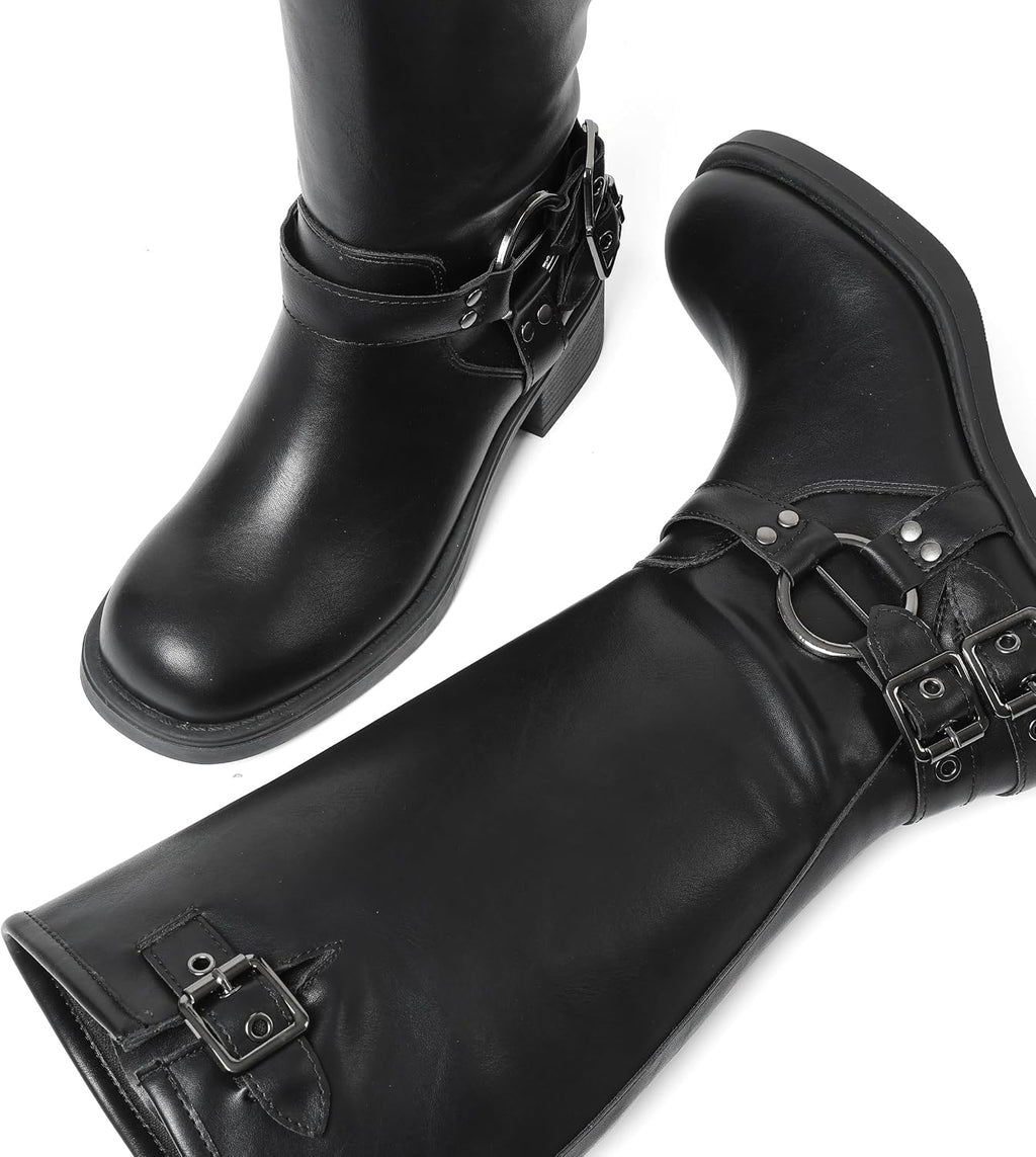 Women's Knee High Moto Boots with Buckles, Chunky Heel