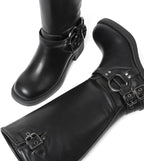 Women's Knee High Moto Boots with Buckles, Chunky Heel