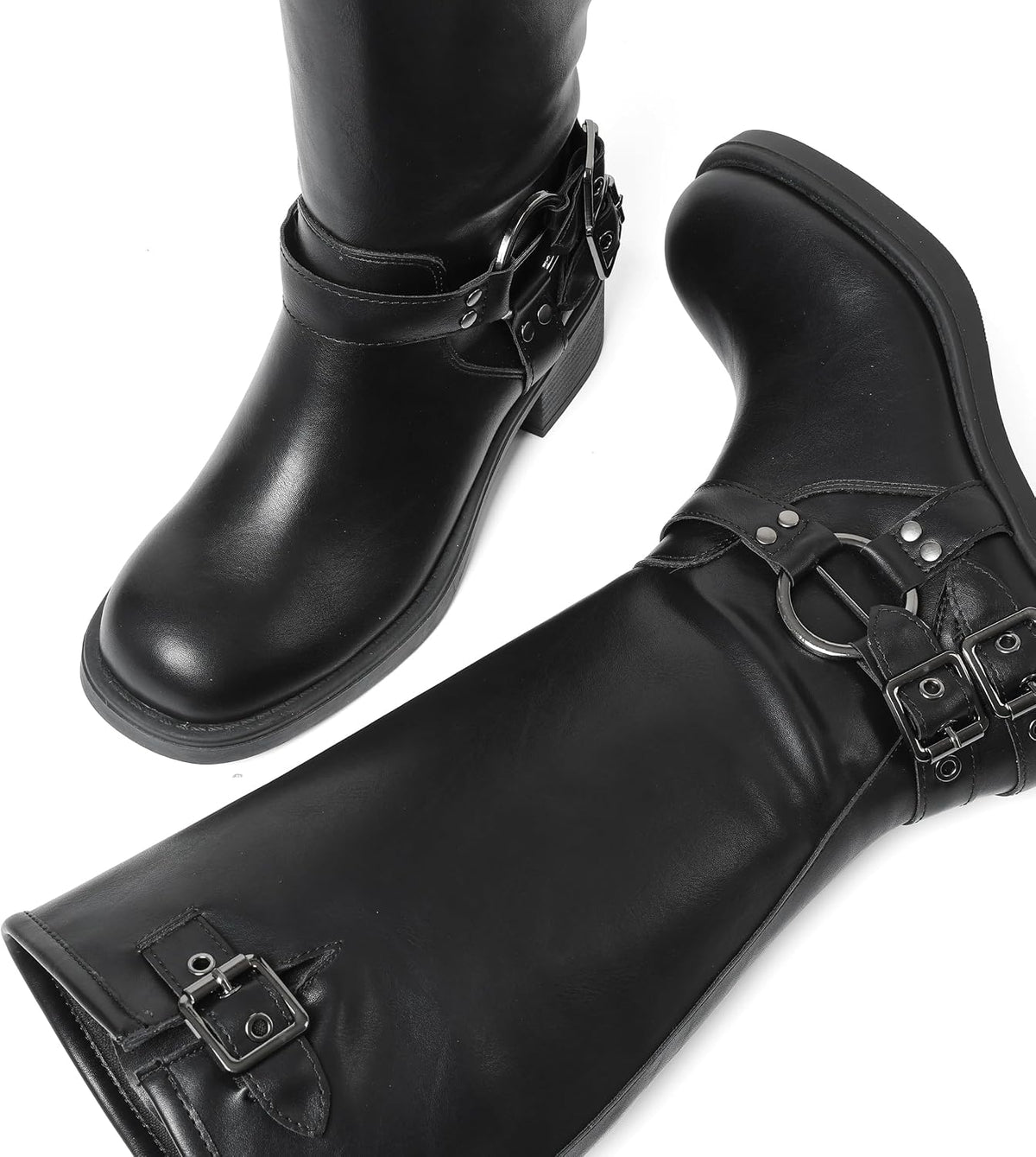 Women's Knee High Moto Boots with Buckles, Chunky Heel