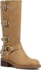 Women's Knee High Moto Boots with Buckles, Chunky Heel