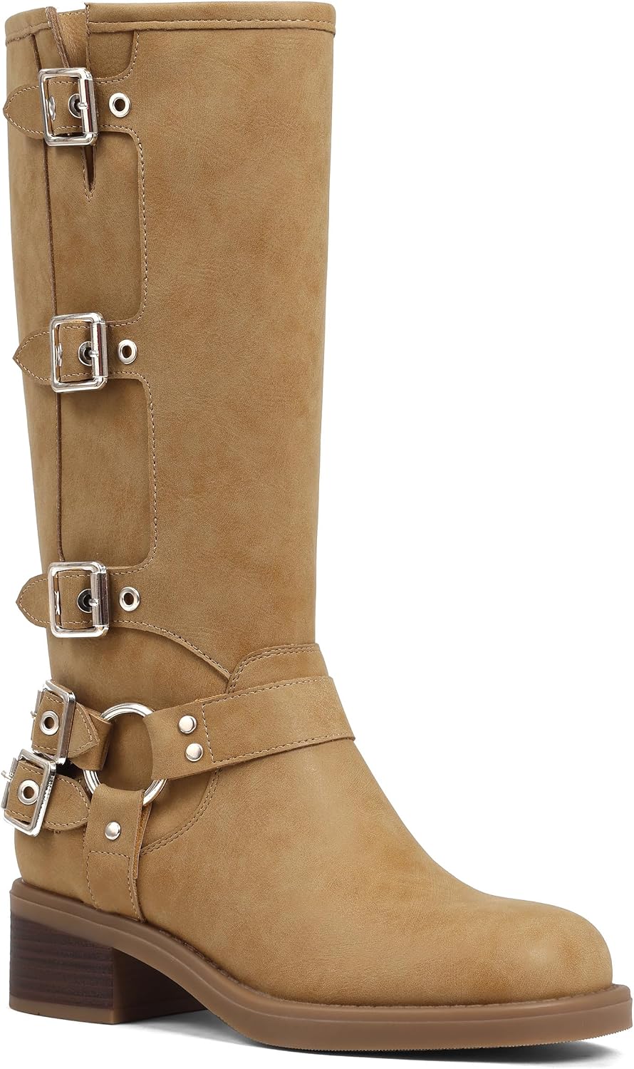 Women's Knee High Moto Boots with Buckles, Chunky Heel