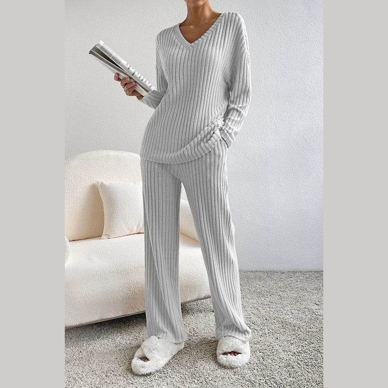 Women Ribbed Knit V Neck Slouchy Two-piece Outfit - VacationGrabs