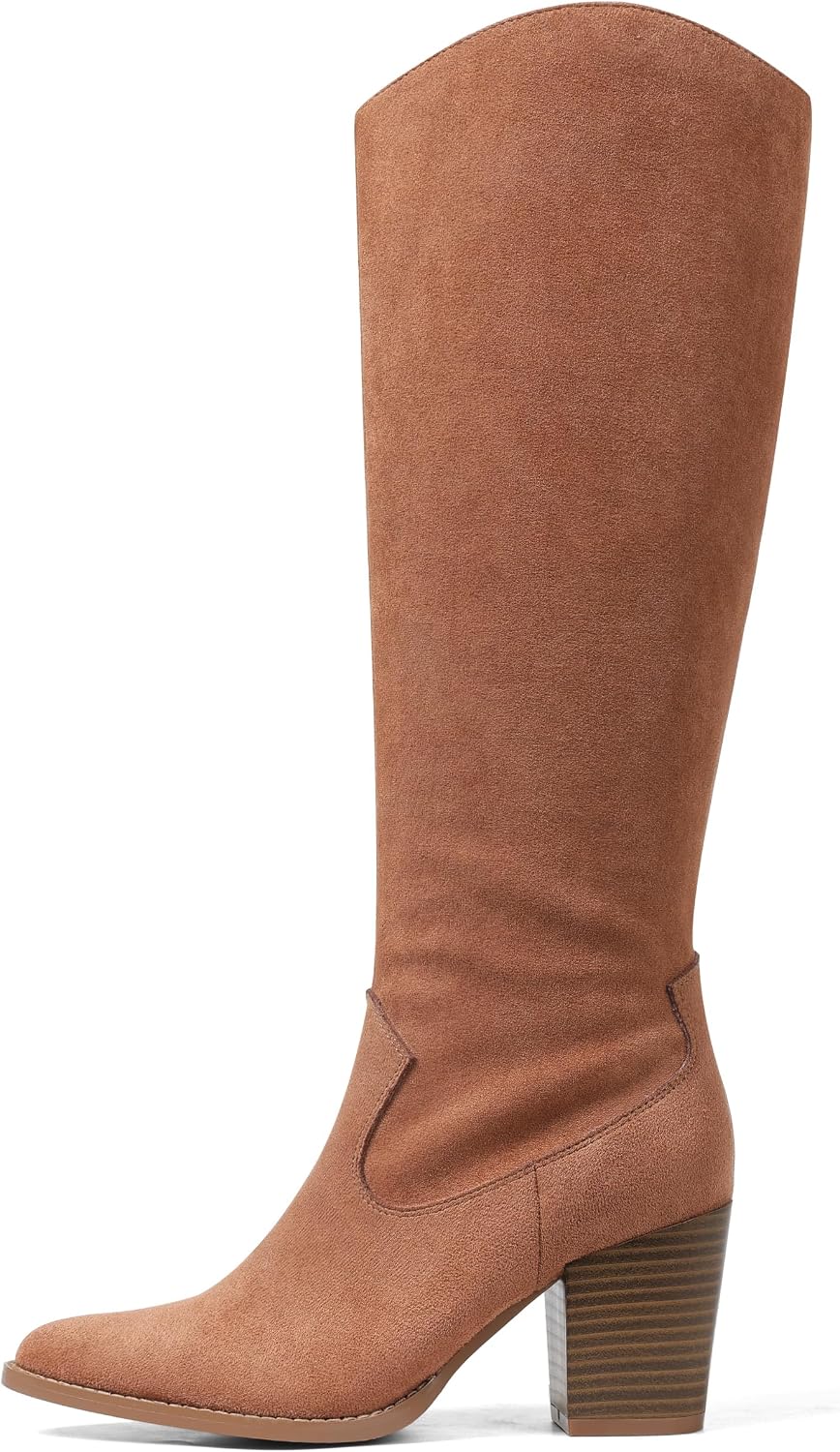 Women's Suede Knee High Boots with Block Heel & Side Zip