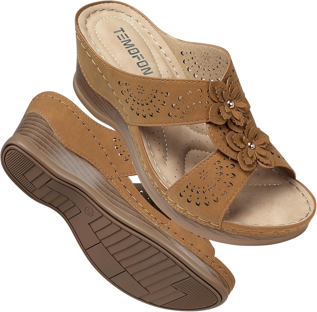 Women's Leather Low Wedge Sandals, Open Toe Slide