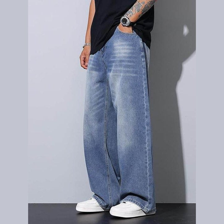 Men’s Medium Blue Baggy Wide-Leg Jeans Loose Fit Denim - VacationGrabs