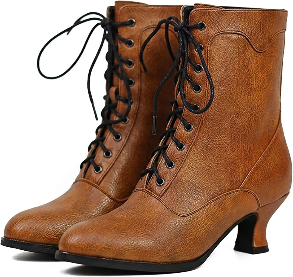 Women's Black Chunky Heel Lace-Up Mid Calf Victorian Boots