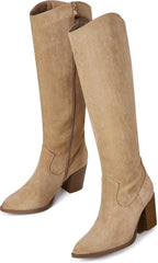 Women's Suede Knee High Boots with Block Heel & Side Zip
