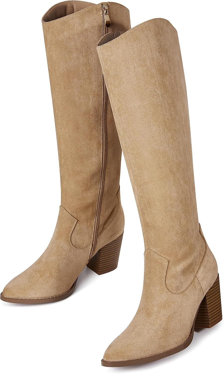 Women's Suede Knee High Boots with Block Heel & Side Zip