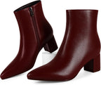 Women's Chunky Heel Ankle Boots, Pointed Toe Leather Booties