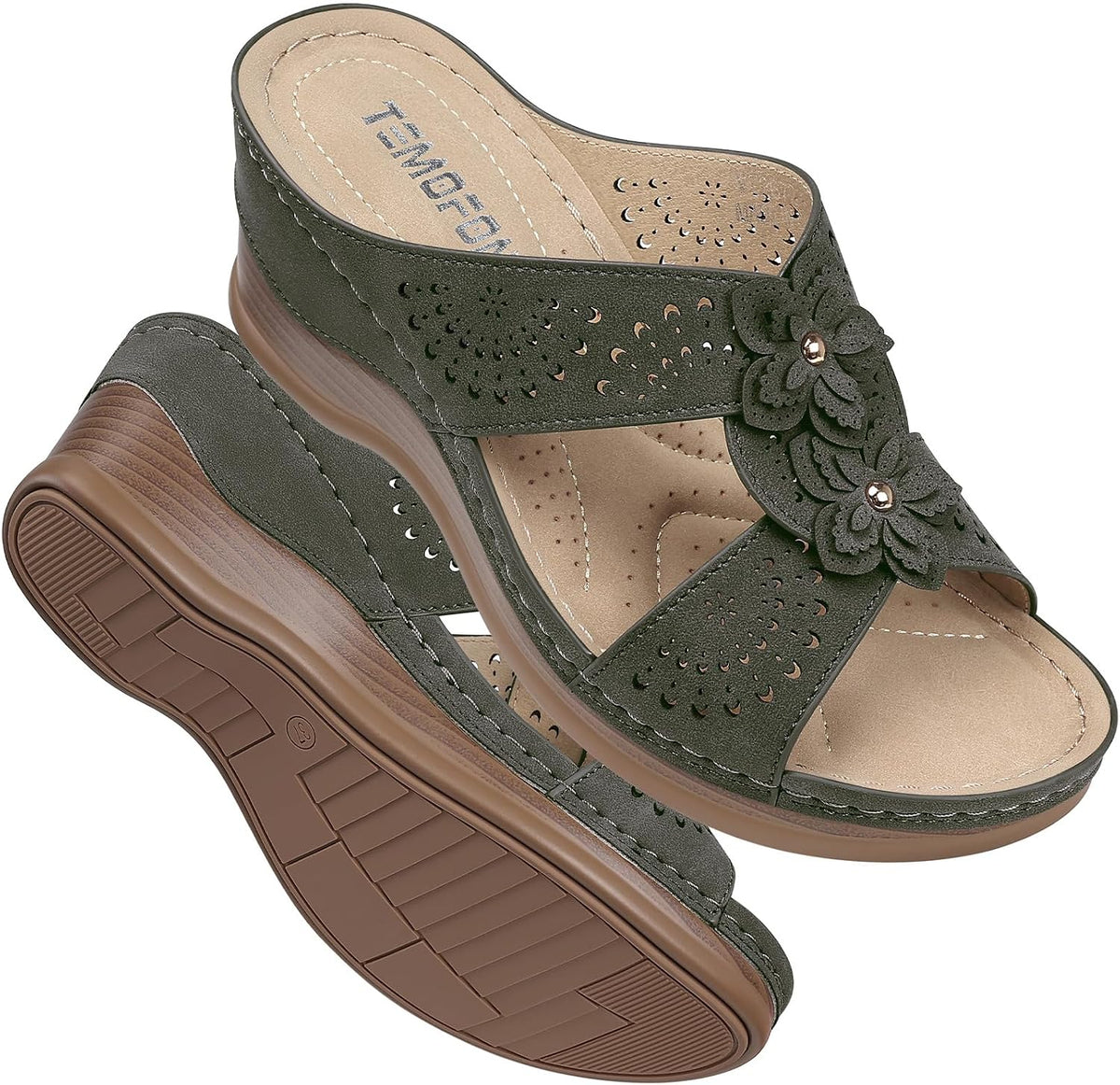 Women's Leather Low Wedge Sandals, Open Toe Slide
