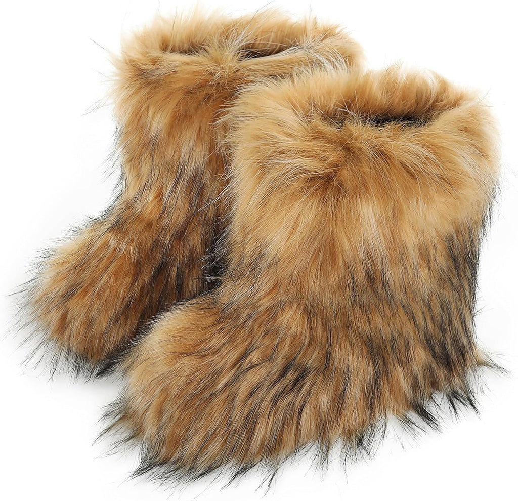 Women's Faux Fur Snow Boots – Fluffy Mid-Calf Flat Winter Boots