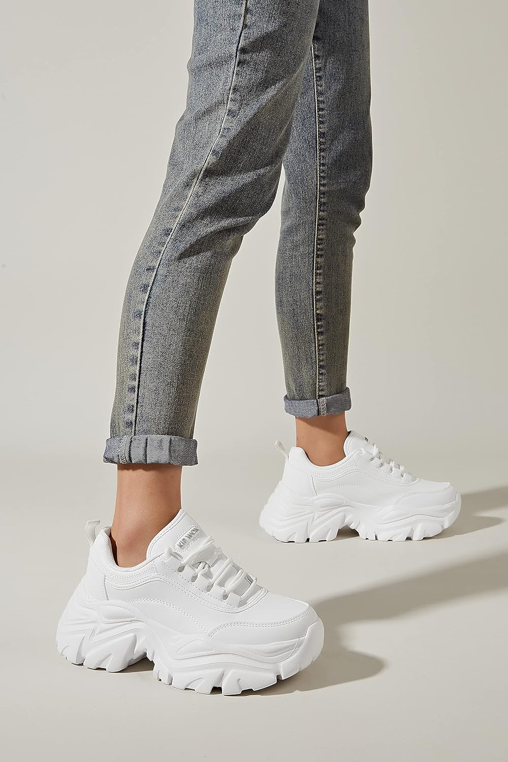 Women's White Platform Chunky Sneakers, Memory Foam Insole