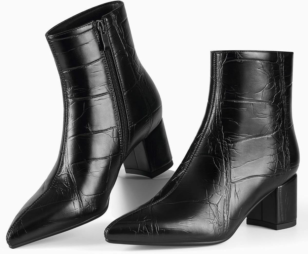 Women's Chunky Heel Ankle Boots, Pointed Toe Leather Booties