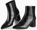 Women's Chunky Heel Ankle Boots, Pointed Toe Leather Booties