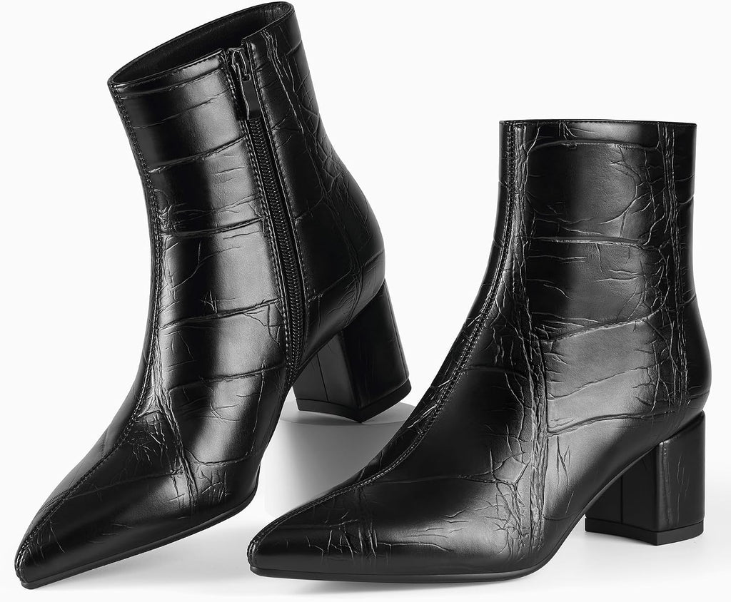 Women's Chunky Heel Ankle Boots, Pointed Toe Leather Booties