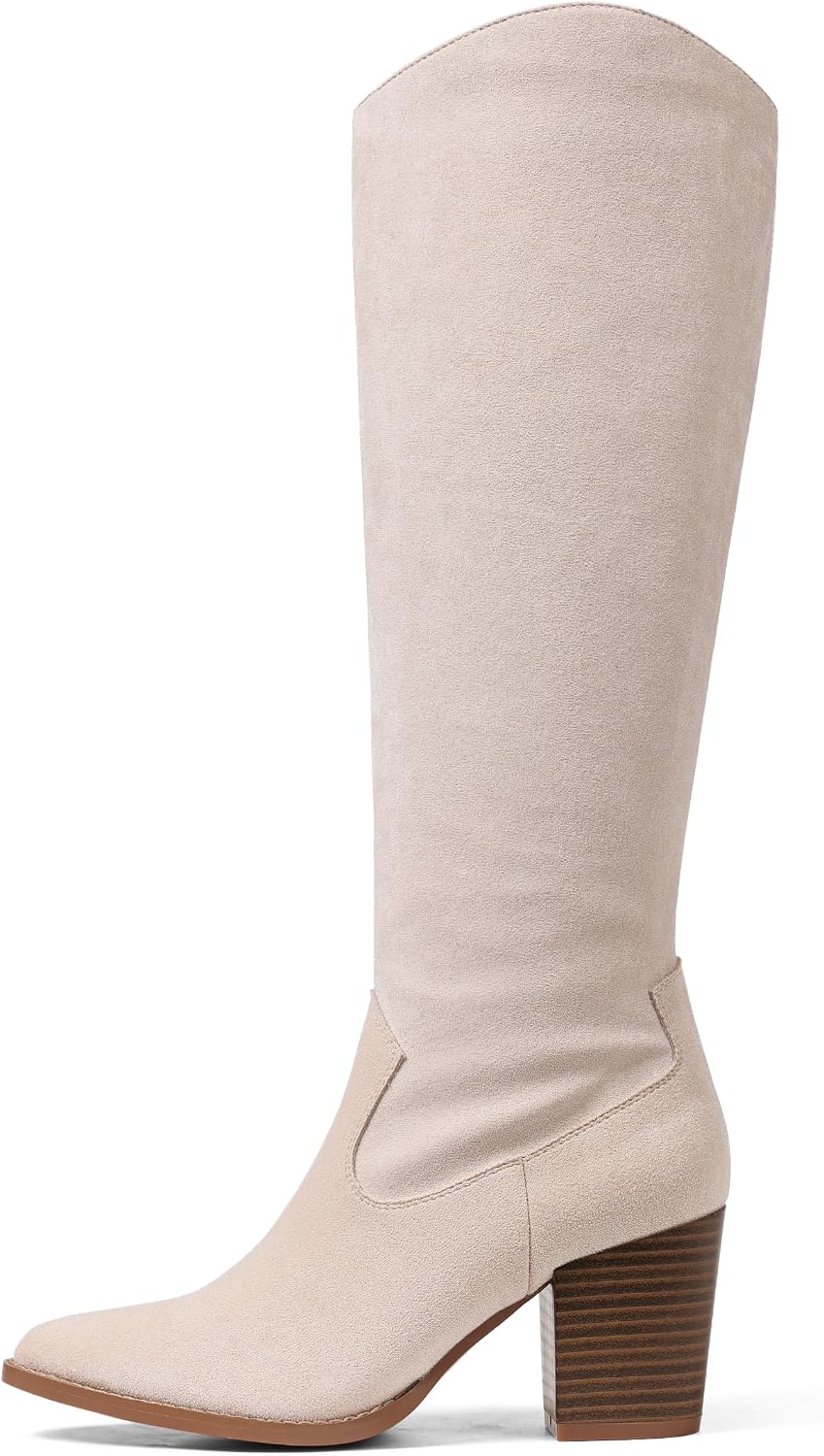 Women's Suede Knee High Boots with Block Heel & Side Zip
