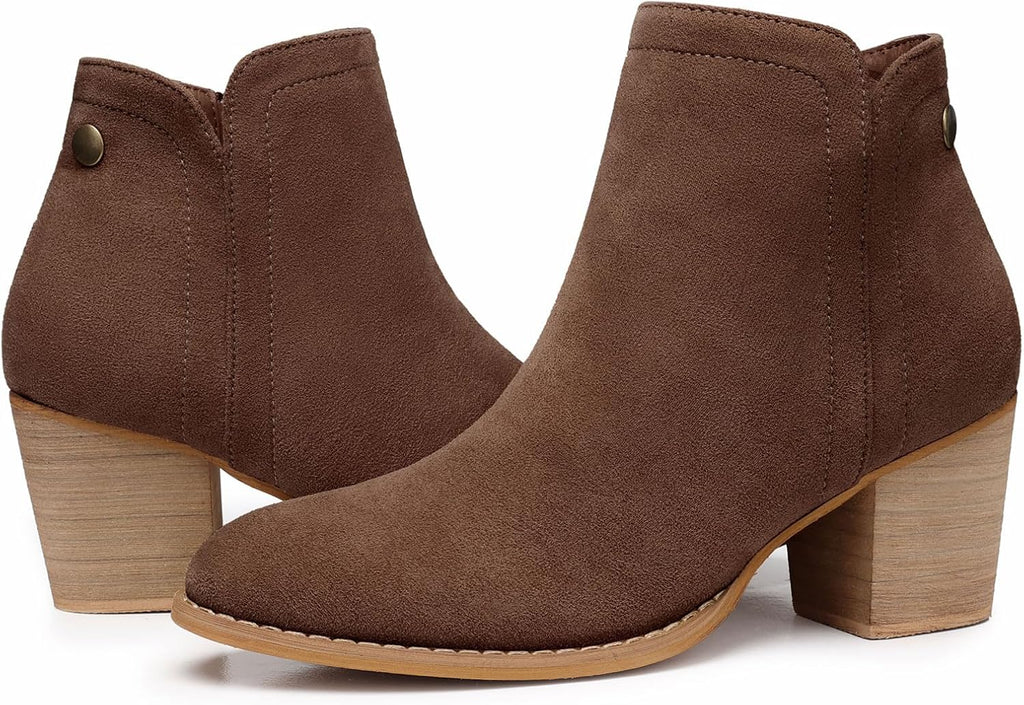 Women's Chunky Heel Ankle Boots, Almond Toe Suede-Look