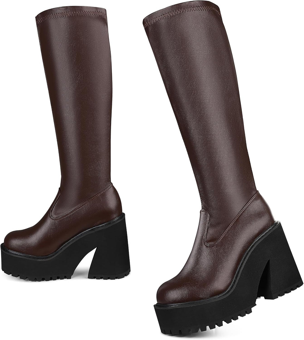 Women's Platform Knee High Boots with Chunky Wedge Heel