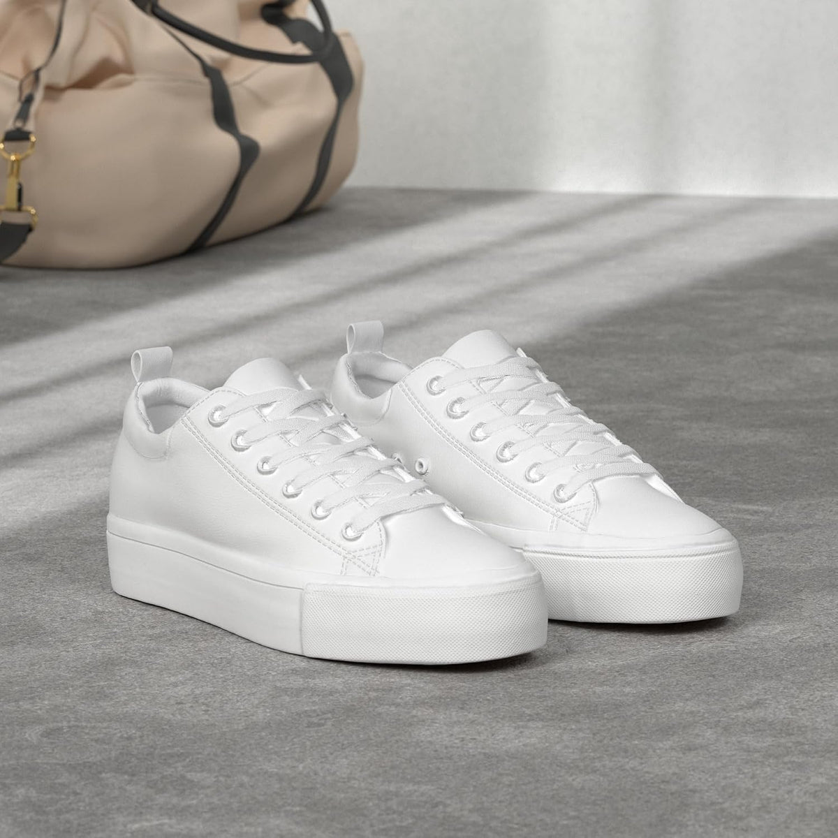 Women's White Platform Sneakers, Lace-Up PU Leather