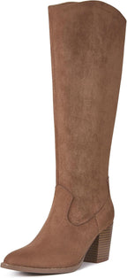 Women's Suede Knee High Boots with Block Heel & Side Zip