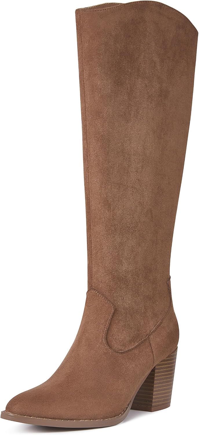 Women's Suede Knee High Boots with Block Heel & Side Zip