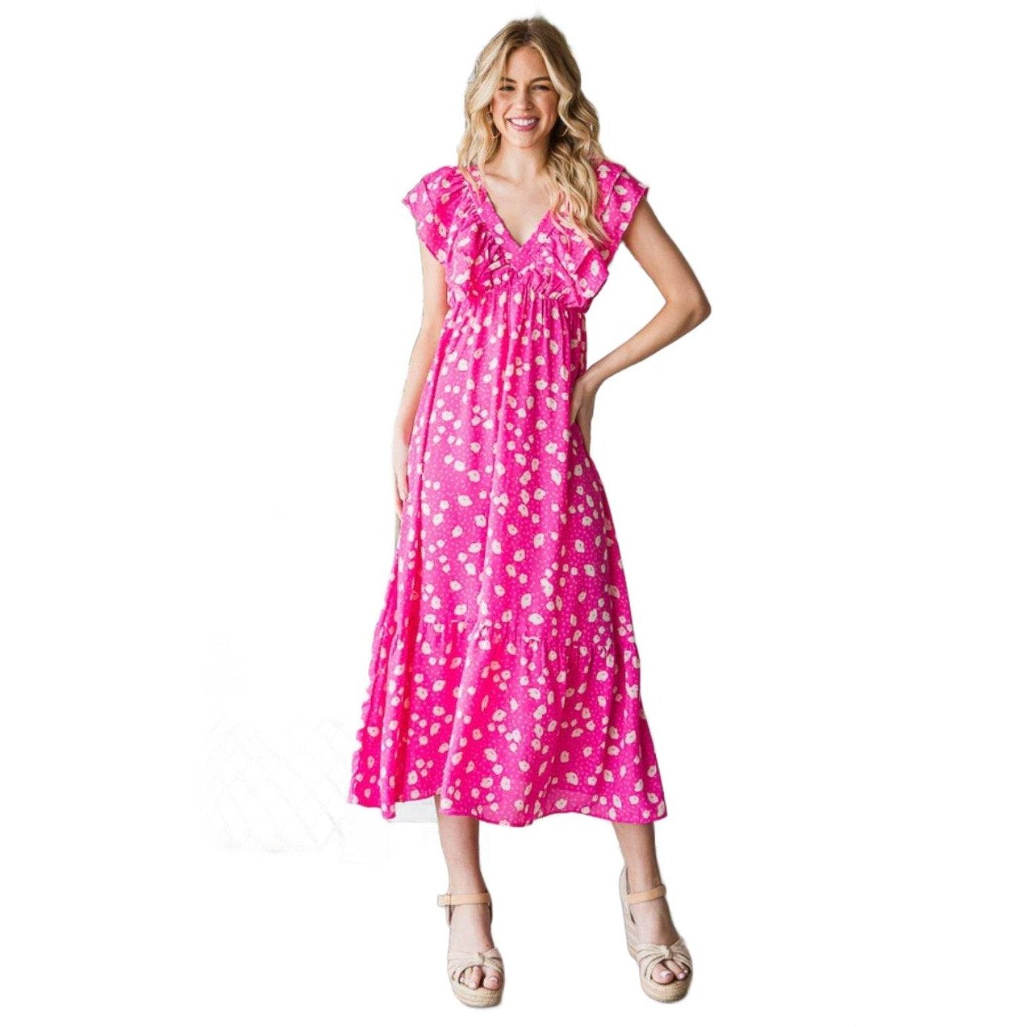Reborn J Printed V-Neck Ruffle Trim Tiered Midi Dress - VacationGrabs