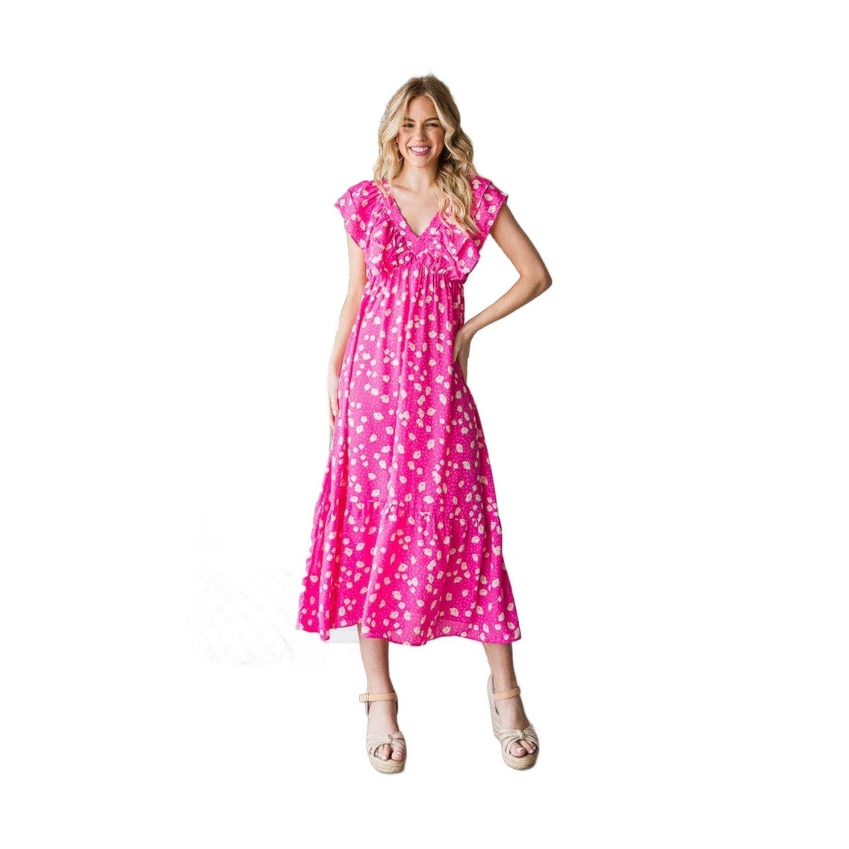 Reborn J Printed V-Neck Ruffle Trim Tiered Midi Dress - VacationGrabs