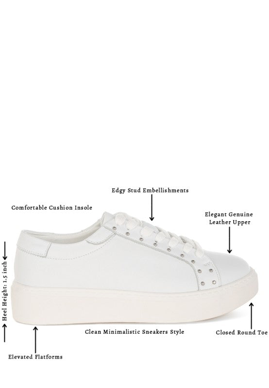 Women's embellished chunky sneakers in white with stud details and elevated platform