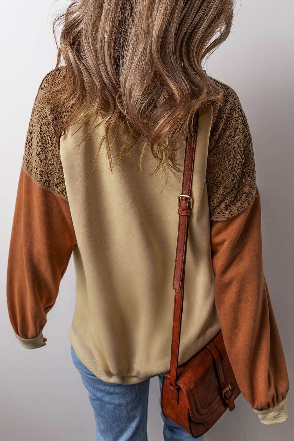 Khaki Lace Patchwork Colorblock Sweatshirt - VacationGrabs