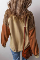 Khaki Lace Patchwork Colorblock Sweatshirt - VacationGrabs