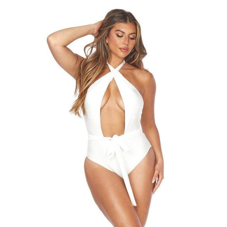Swimwear - One Piece Criscross Halter Neckline Waist Wrap - VacationGrabs