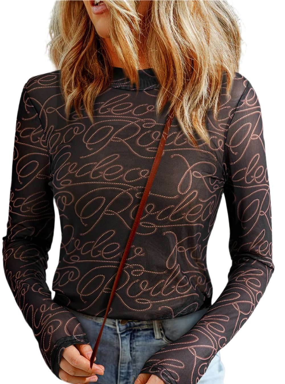 Black Western Rodeo Printed Mock Neck Long Sleeve Mesh Top - VacationGrabs