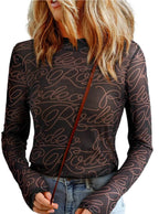 Black Western Rodeo Printed Mock Neck Long Sleeve Mesh Top - VacationGrabs