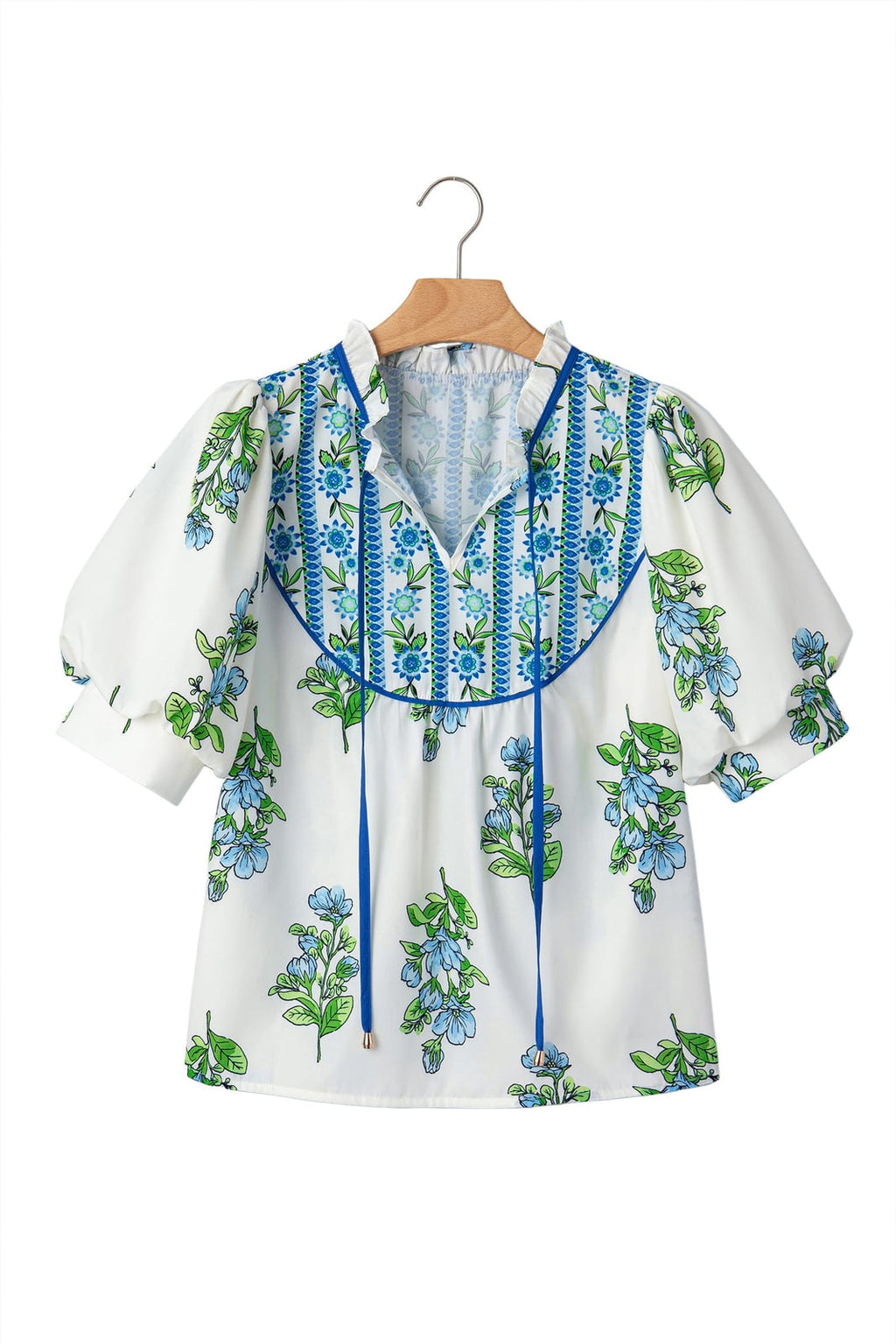 Floral Contrast Trim Tie Neck Blouse