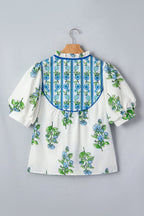 Floral Contrast Trim Tie Neck Blouse