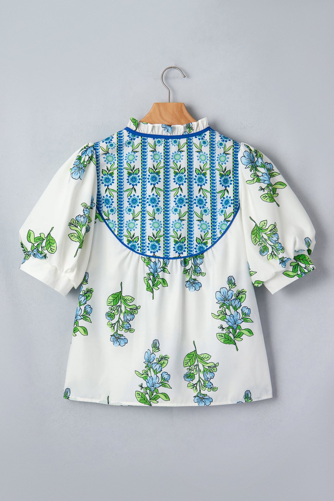 Floral Contrast Trim Tie Neck Blouse