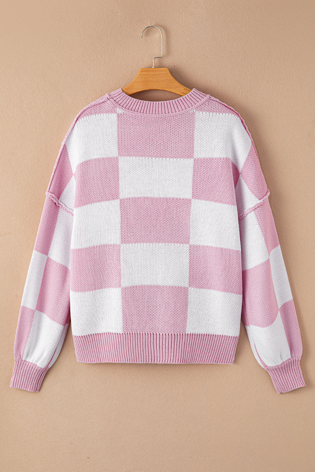 Women's SweatersPink Checkered Bishop Sleeve Sweater - VacationGrabs