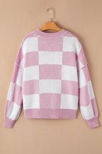 Pink Checkered Bishop Sleeve Sweater - VacationGrabs