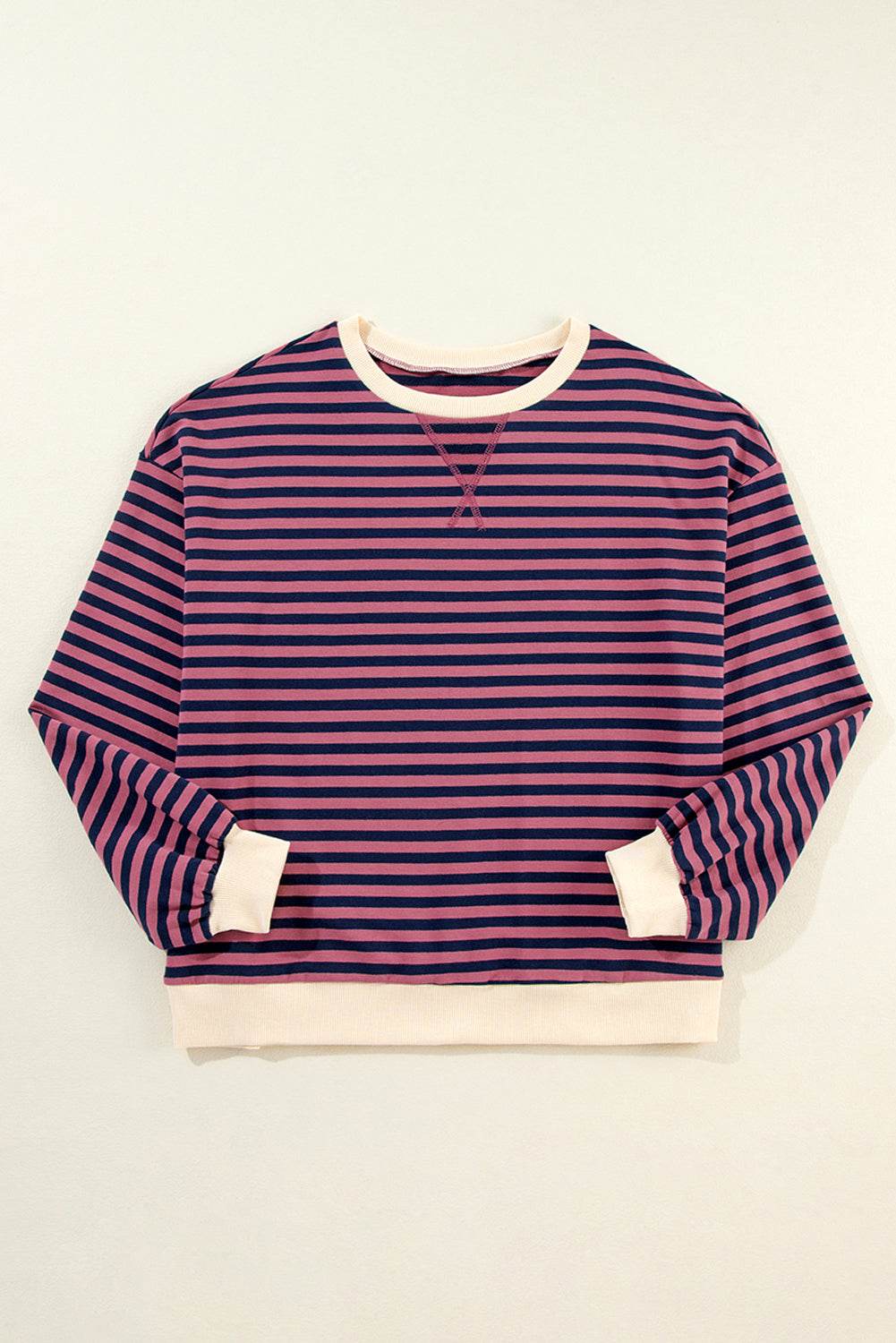 Red Stripe Oversized Contrast Trim Pullover Sweatshirt - VacationGrabs
