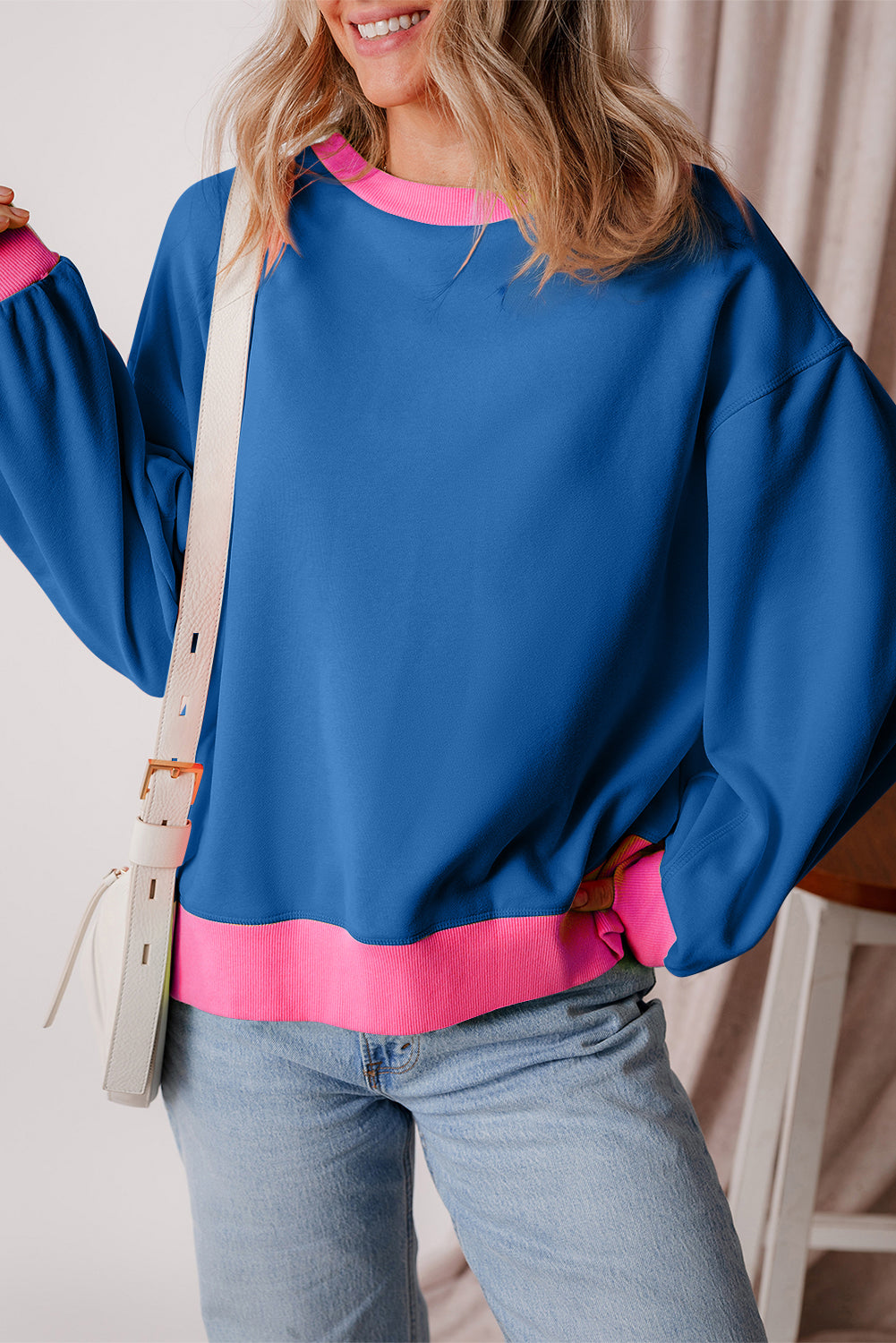 Women's Sweatshirts & HoodiesBlue Colorblock Bubble Sleeve Sweatshirt - VacationGrabs